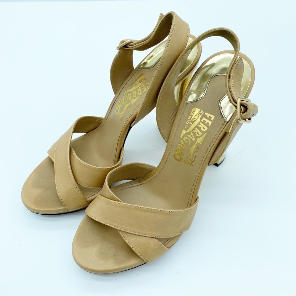 Salvatore Ferragamo Gold Block Heel Leather Sandals - Picture 6 of 11